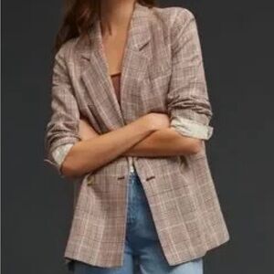 Anthropologie Brown Plaid Linen Blazer